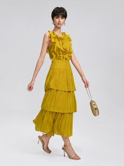 Beaded Layered Ruffle Maxi Dress