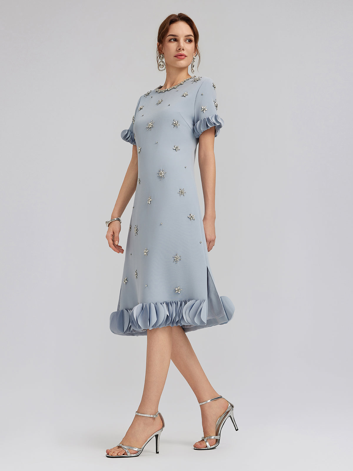 Hand-Sewn Beaded Floral-Trim Dress