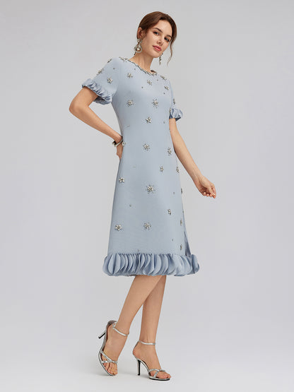 Hand-Sewn Beaded Floral-Trim Dress