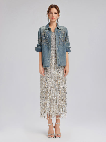 Hand-Beaded Embroidered Denim Shirt
