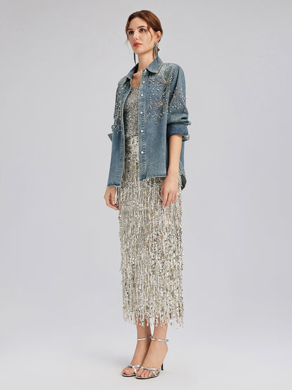 Hand-Beaded Embroidered Denim Shirt