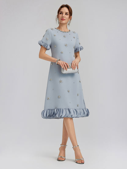 Hand-Sewn Beaded Floral-Trim Dress