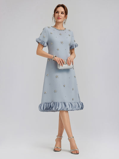 Hand-Sewn Beaded Floral-Trim Dress