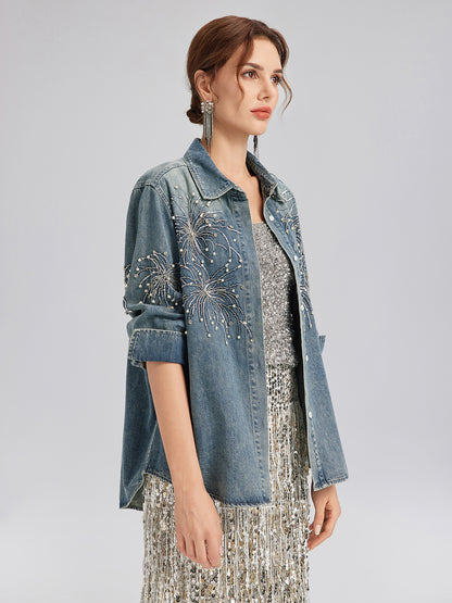 Hand-Beaded Embroidered Denim Shirt