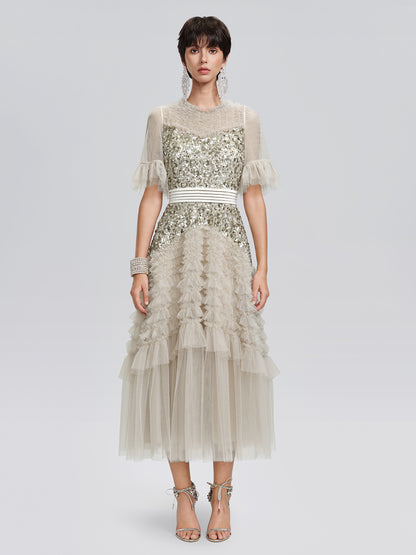 Pleated Sequin Flared-Sleeve Maxi Dress
