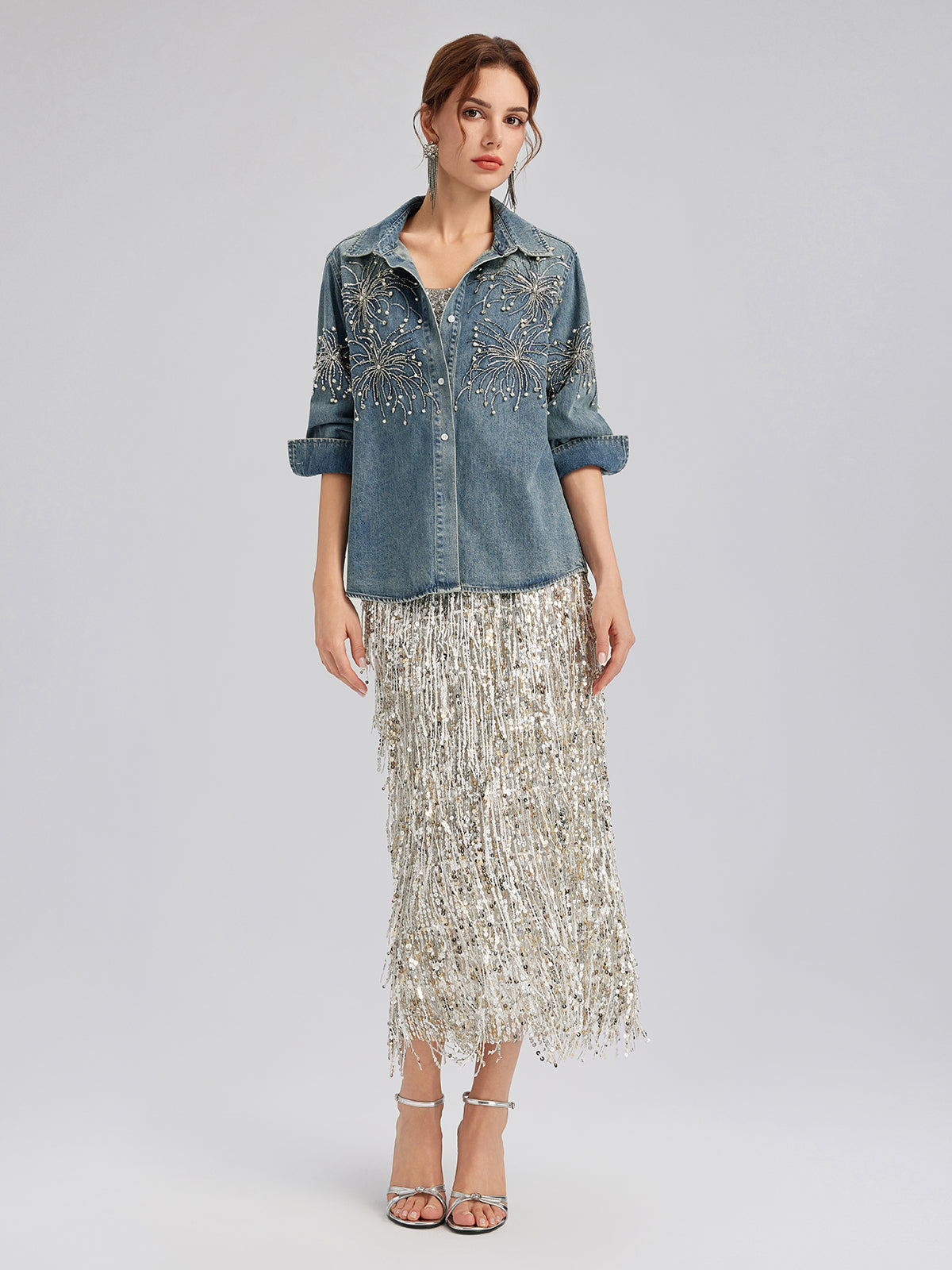 Hand-Beaded Embroidered Denim Shirt