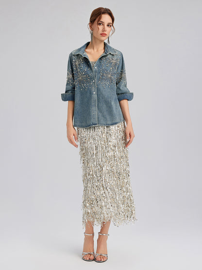 Hand-Beaded Embroidered Denim Shirt