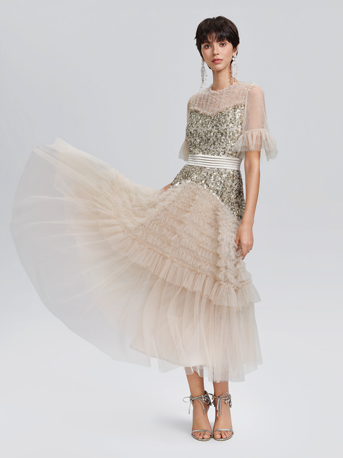 Pleated Sequin Flared-Sleeve Maxi Dress