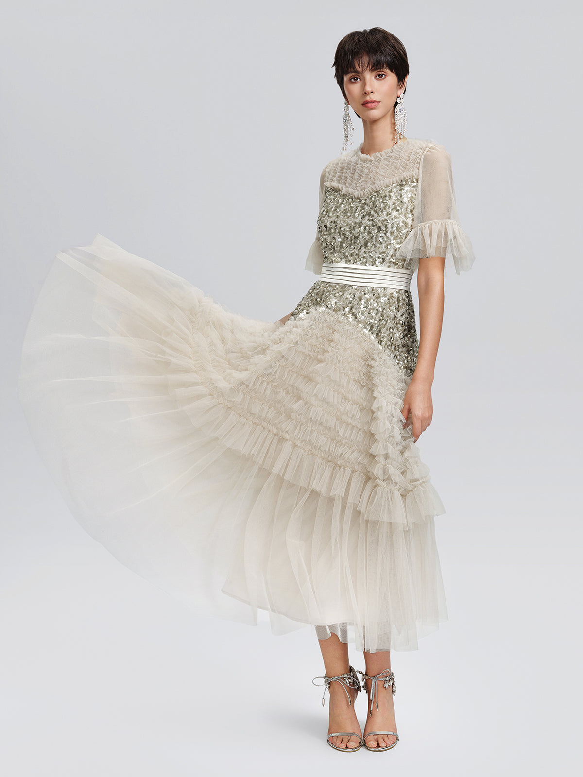 Pleated Sequin Flared-Sleeve Maxi Dress