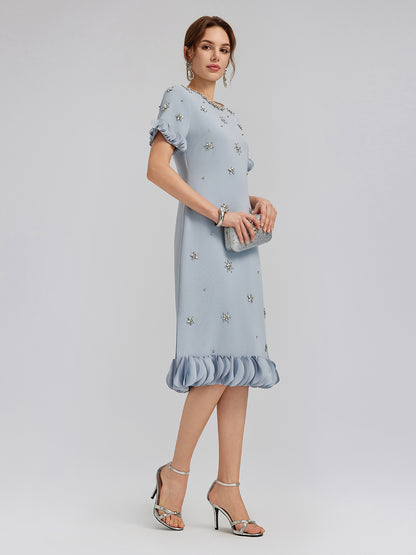 Hand-Sewn Beaded Floral-Trim Dress