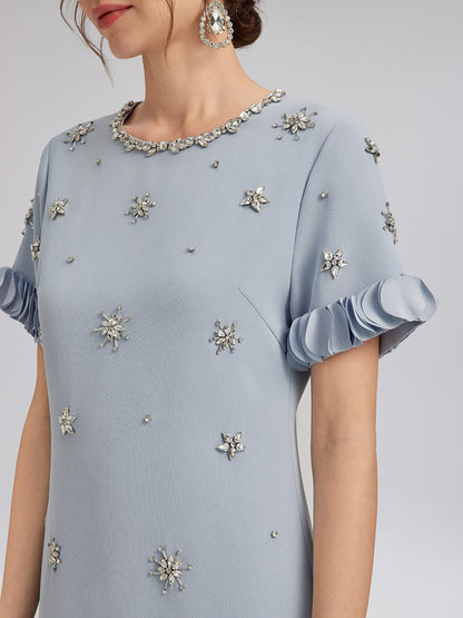 Hand-Sewn Beaded Floral-Trim Dress