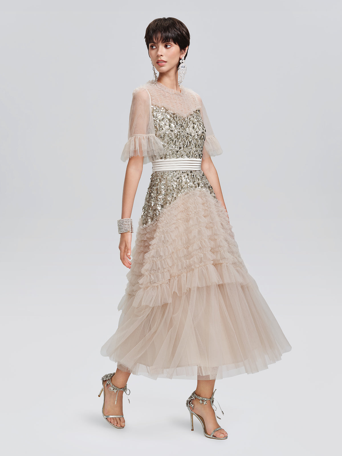 Pleated Sequin Flared-Sleeve Maxi Dress