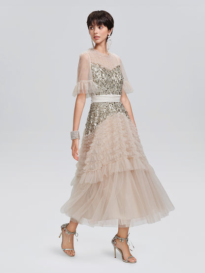 Pleated Sequin Flared-Sleeve Maxi Dress