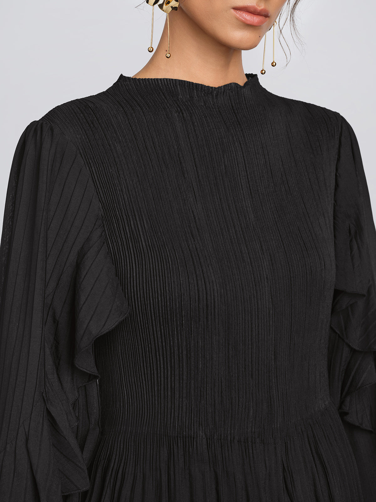Heat Set Pleated Ruffle Sleeve Dress