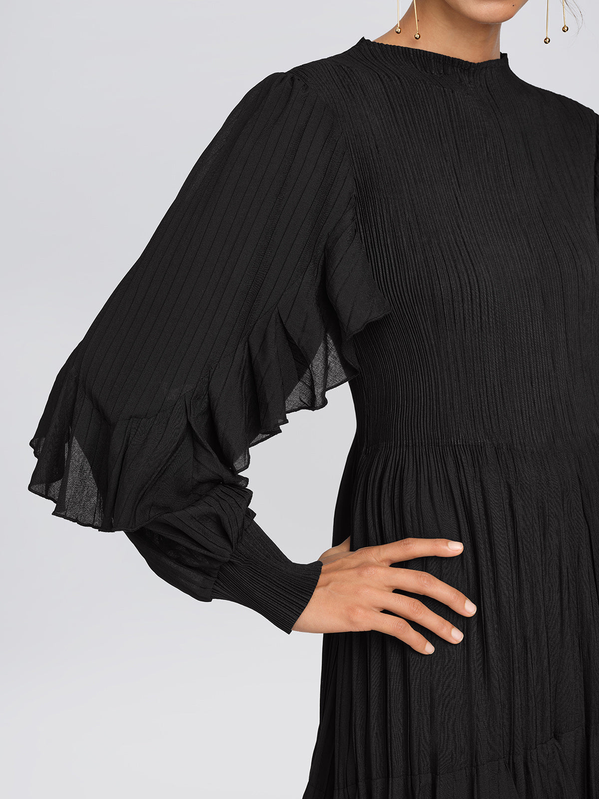 Heat Set Pleated Ruffle Sleeve Dress