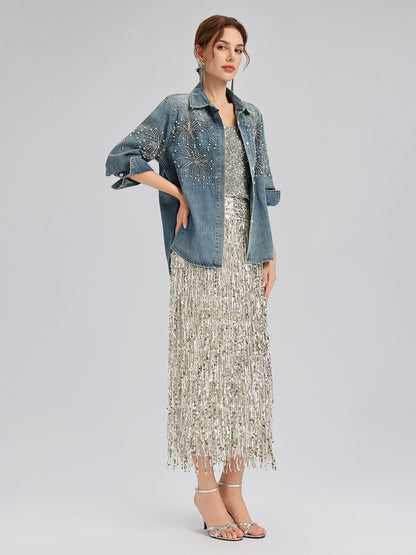 Hand-Beaded Embroidered Denim Shirt