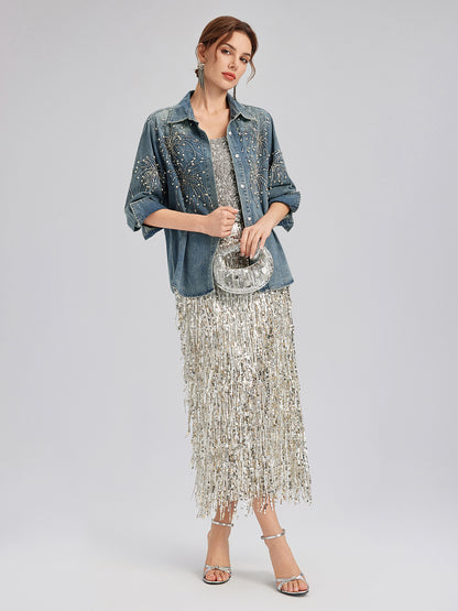 Tassel Sequin Midi Skirt