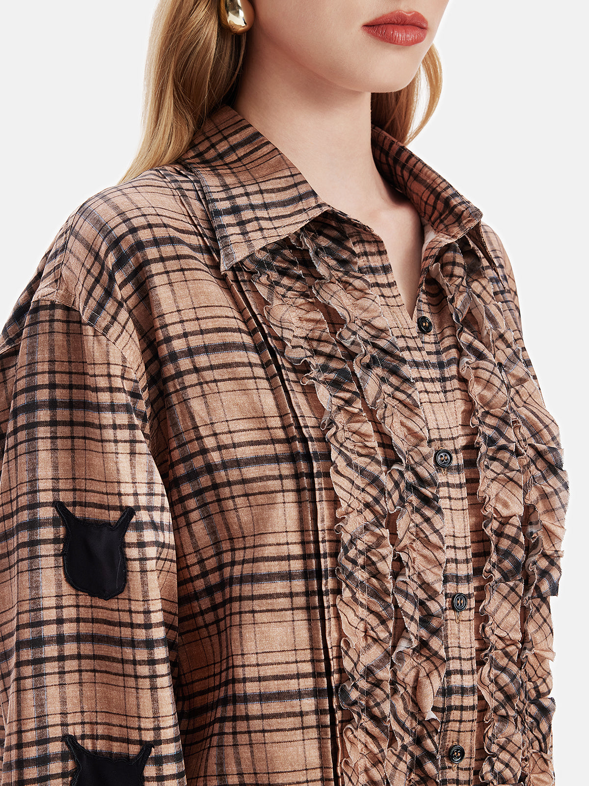 Silk Retro Check Pleated Shirt