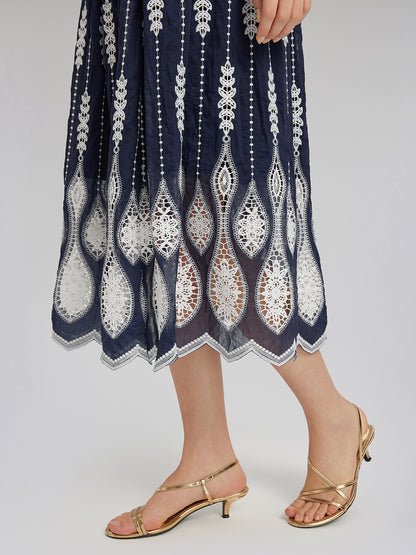 Intricate Wheat-Ear Embroidered Cutout Skirt