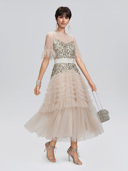 Pleated Sequin Flared-Sleeve Maxi Dress