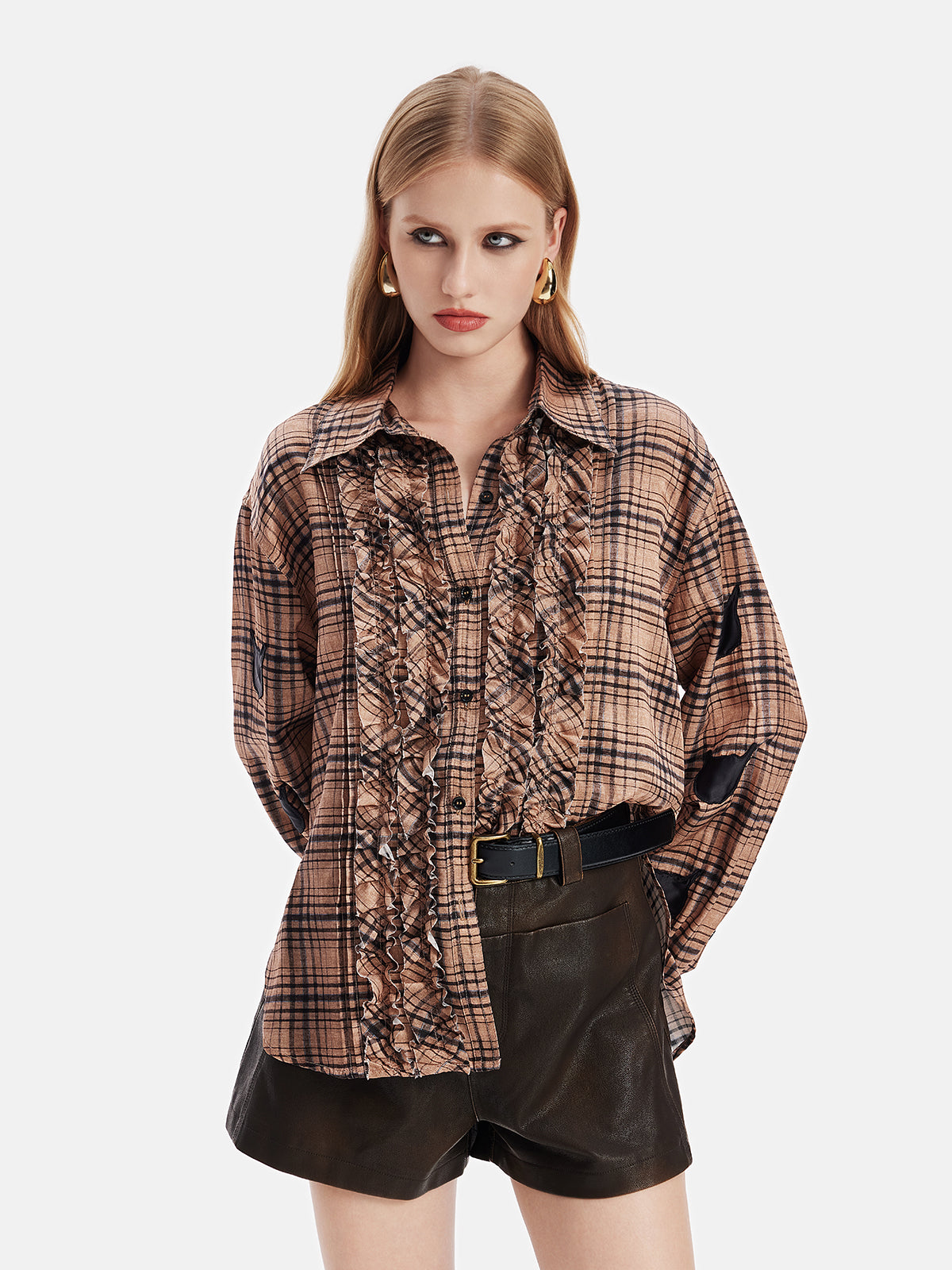 Silk Retro Check Pleated Shirt