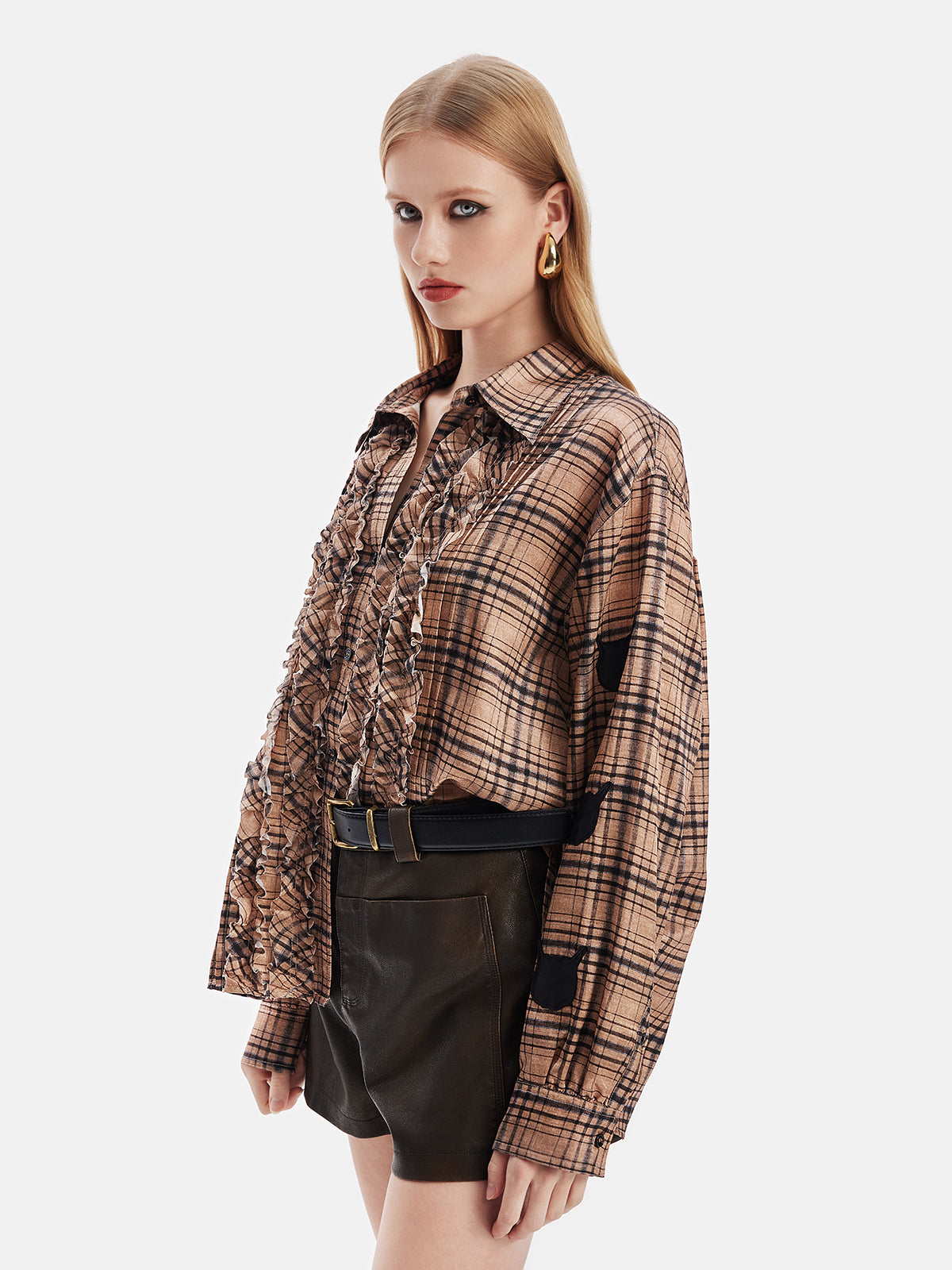 Silk Retro Check Pleated Shirt