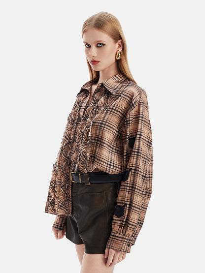 Silk Retro Check Pleated Shirt