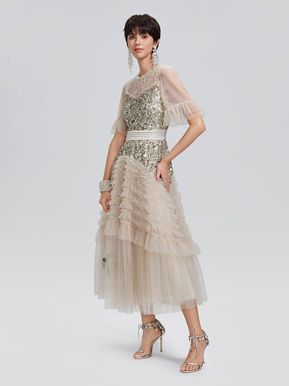 Pleated Sequin Flared-Sleeve Maxi Dress