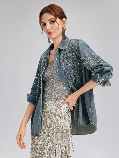 Hand-Beaded Embroidered Denim Shirt