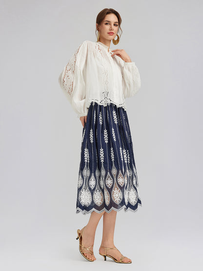 Pleated Hollow Embroidered Blouse