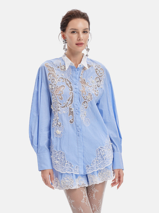 Exquisite Lace Embroidered Striped Shirt