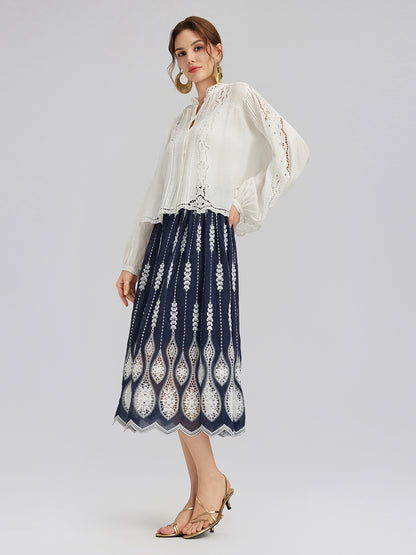 Intricate Wheat-Ear Embroidered Cutout Skirt