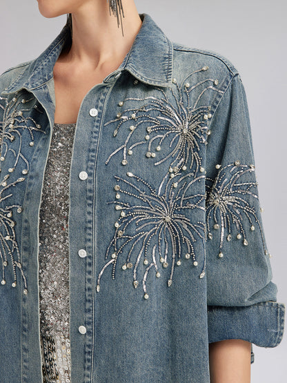 Hand-Beaded Embroidered Denim Shirt