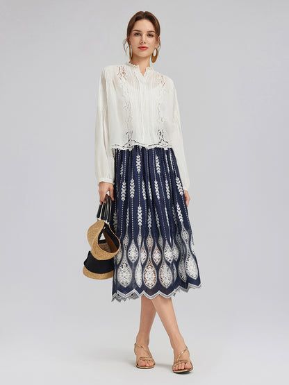 Pleated Hollow Embroidered Blouse