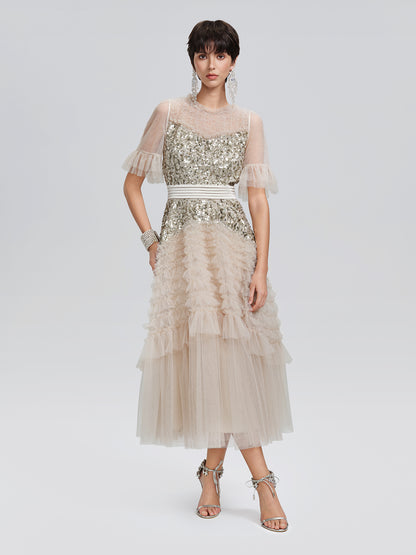 Pleated Sequin Flared-Sleeve Maxi Dress
