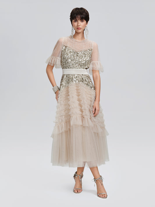 Pleated Sequin Flared-Sleeve Maxi Dress