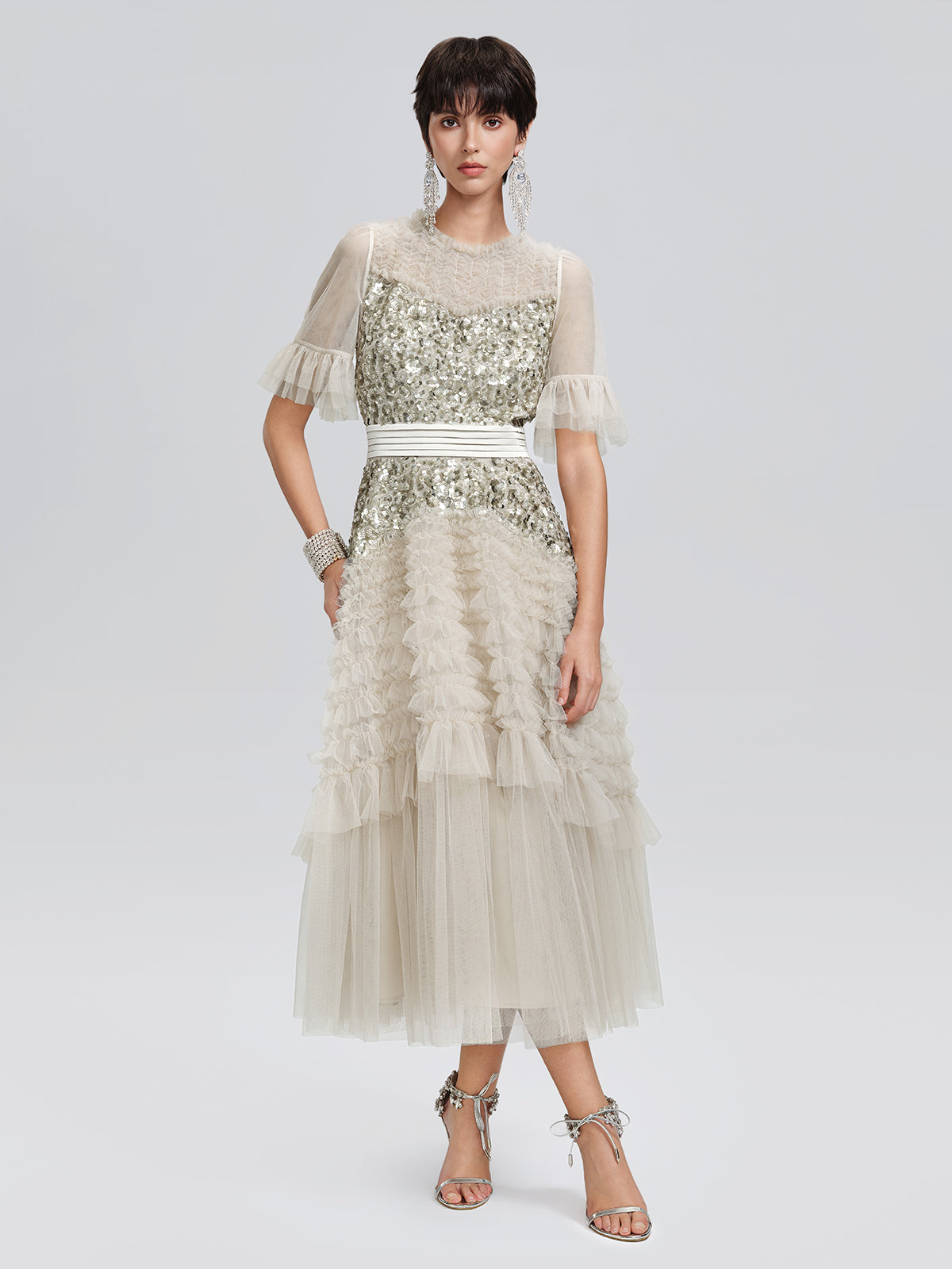 Pleated Sequin Flared-Sleeve Maxi Dress