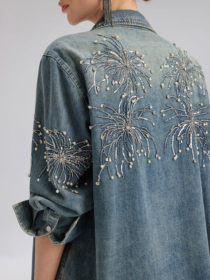 Hand-Beaded Embroidered Denim Shirt