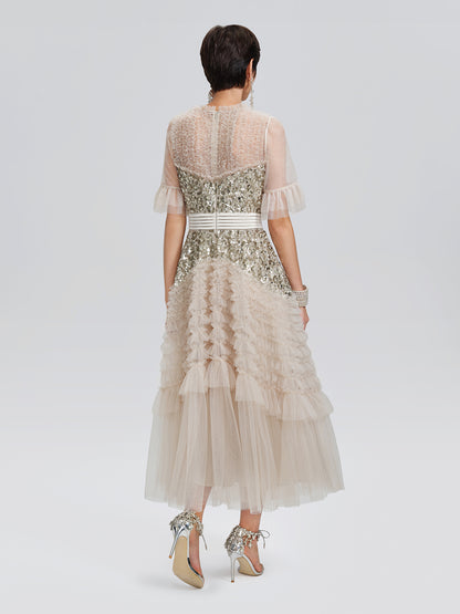 Pleated Sequin Flared-Sleeve Maxi Dress