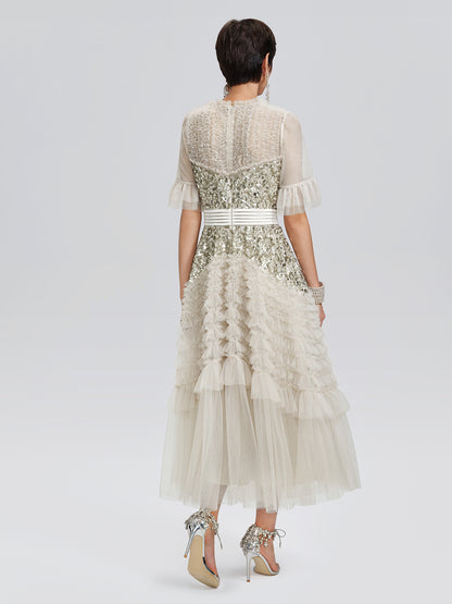 Pleated Sequin Flared-Sleeve Maxi Dress