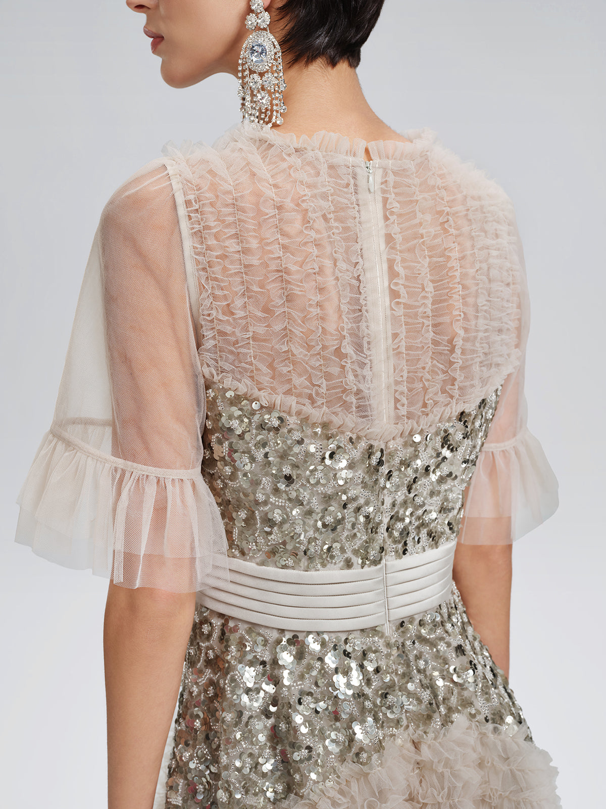 Pleated Sequin Flared-Sleeve Maxi Dress