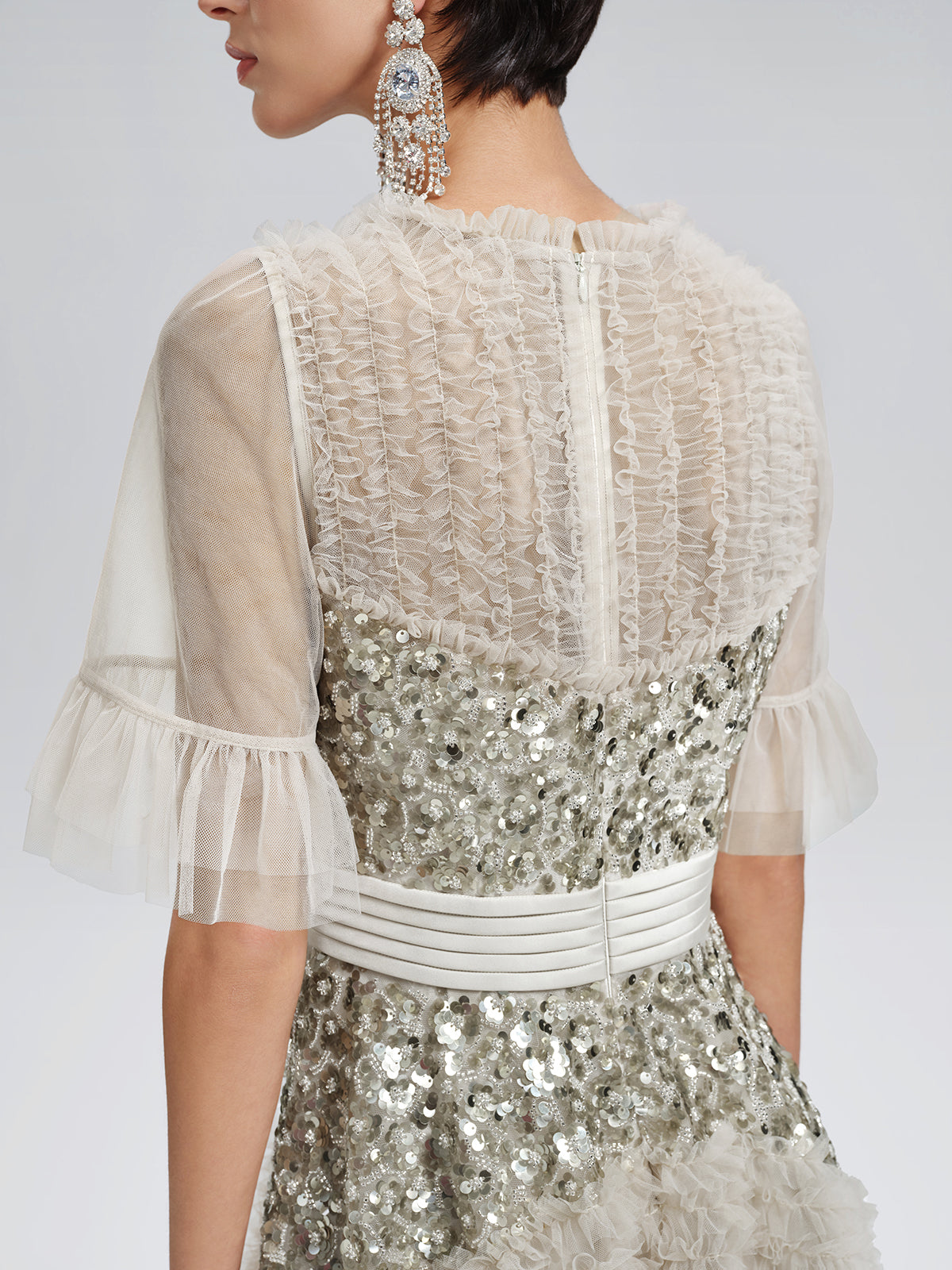 Pleated Sequin Flared-Sleeve Maxi Dress