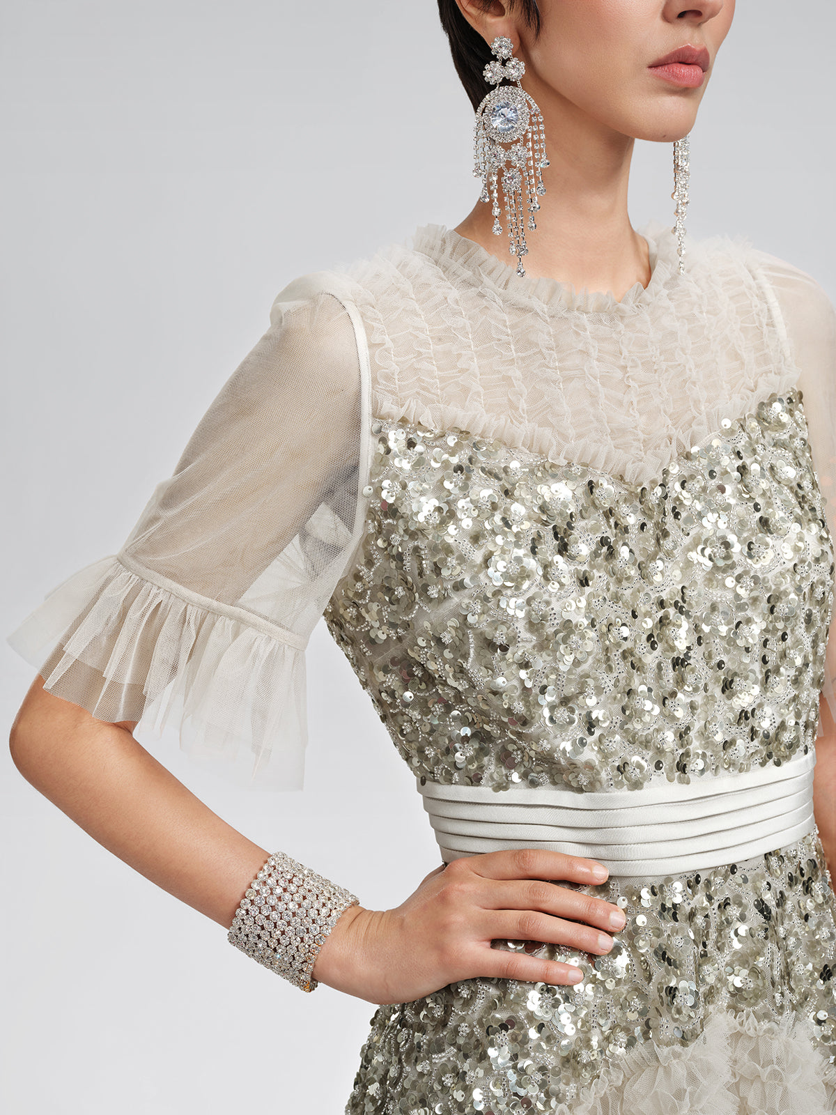 Pleated Sequin Flared-Sleeve Maxi Dress