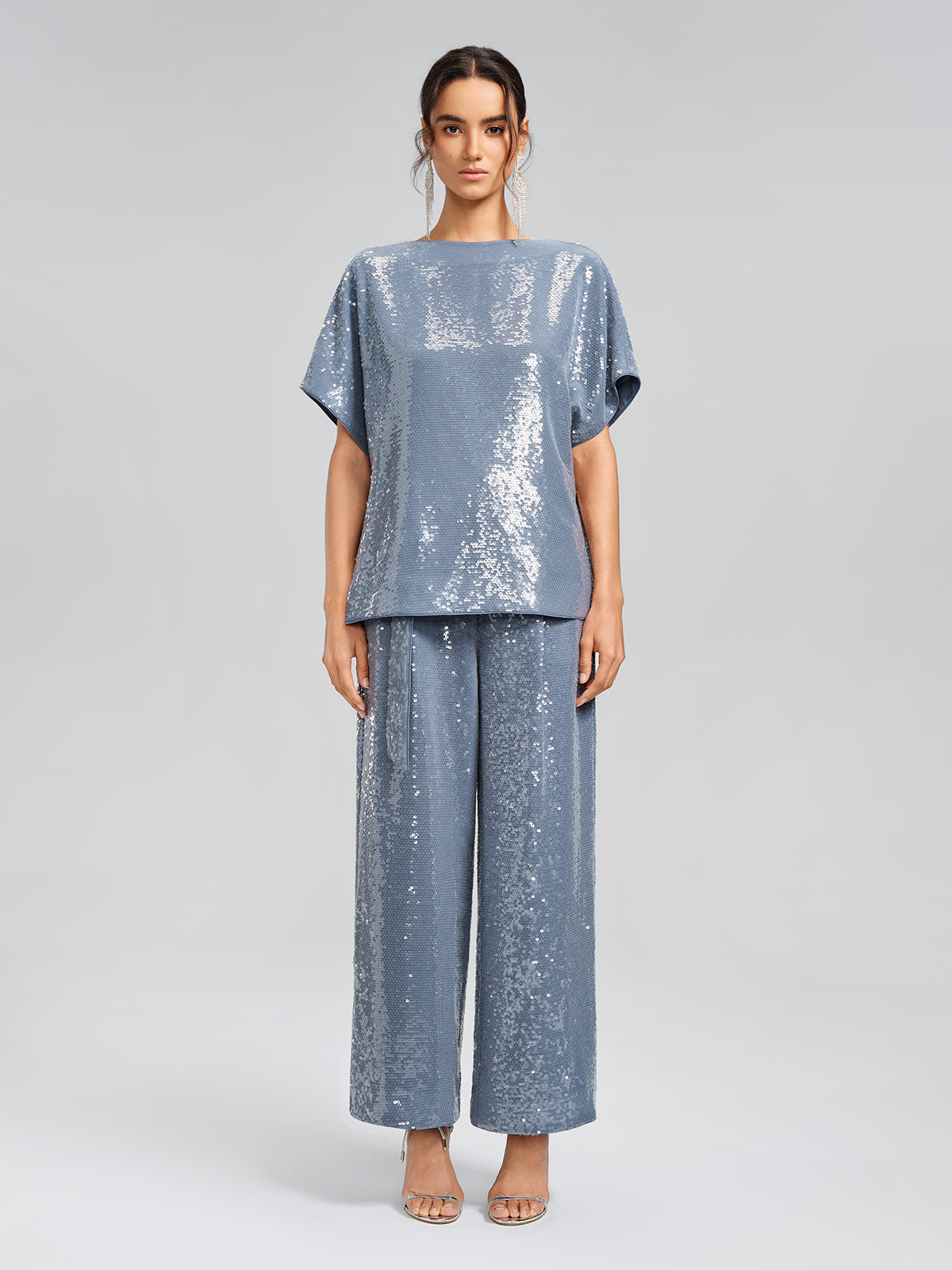 Sequin Belted Wide-Leg Pants