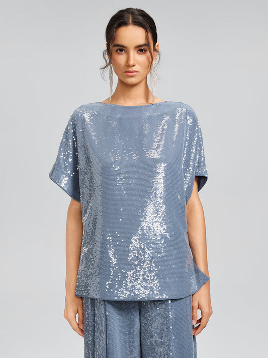 Misty Blue Sequin Batwing Loose Top