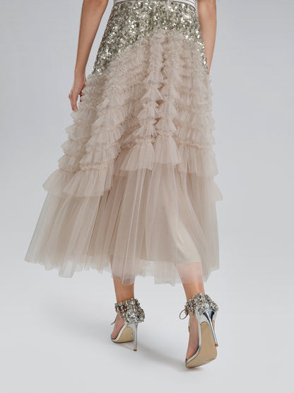 Pleated Sequin Flared-Sleeve Maxi Dress