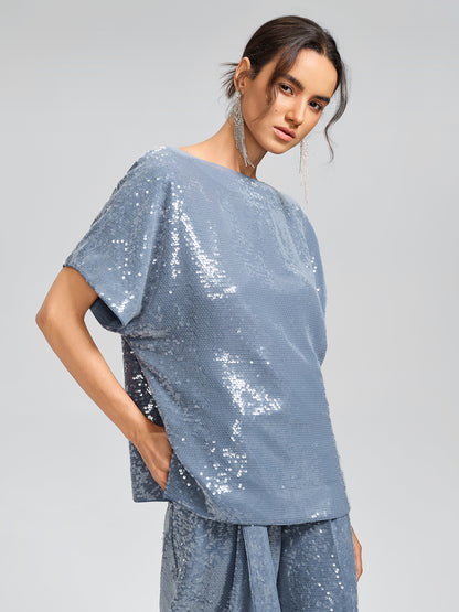 Misty Blue Sequin Batwing Loose Top