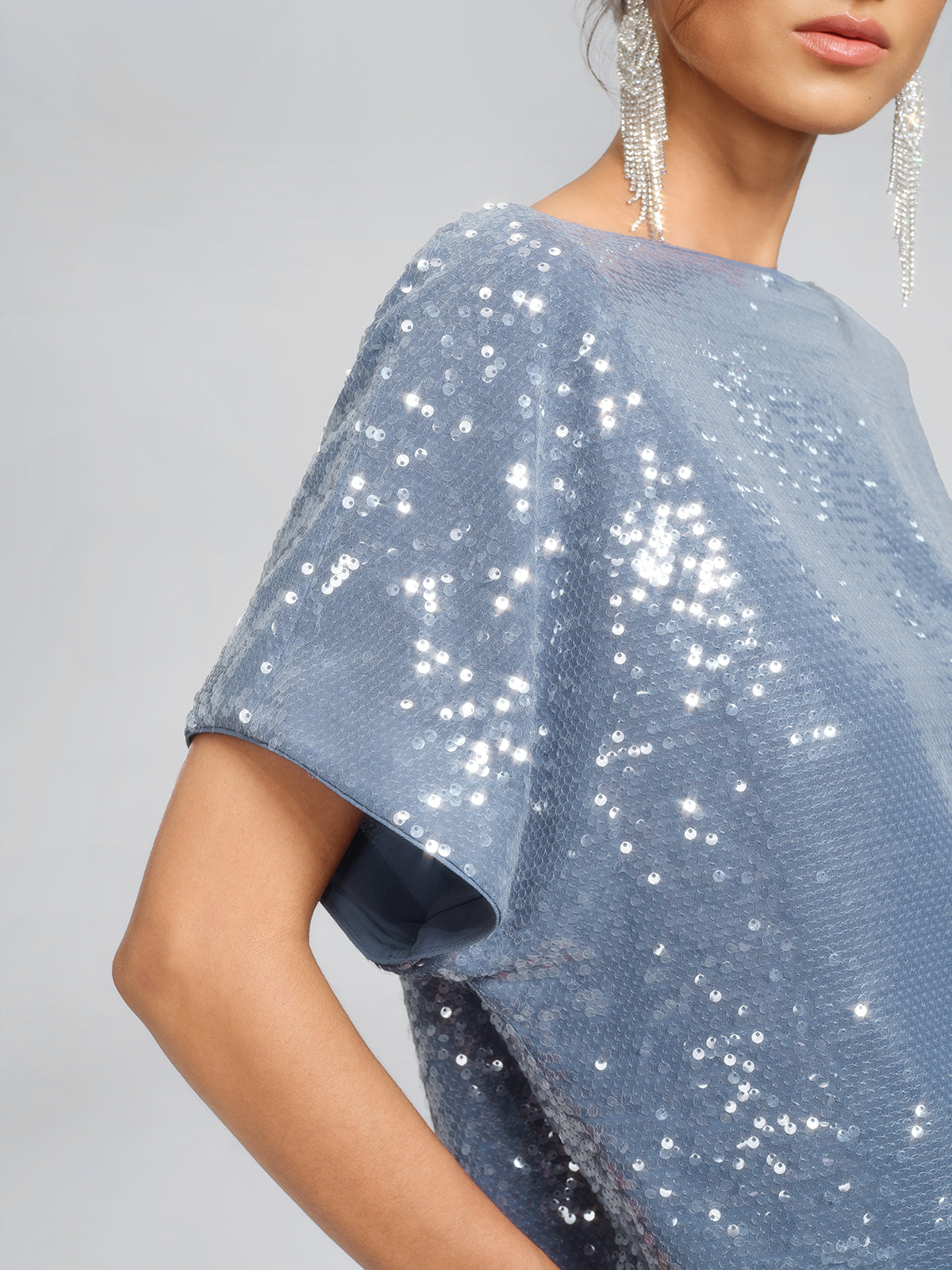 Misty Blue Sequin Batwing Loose Top