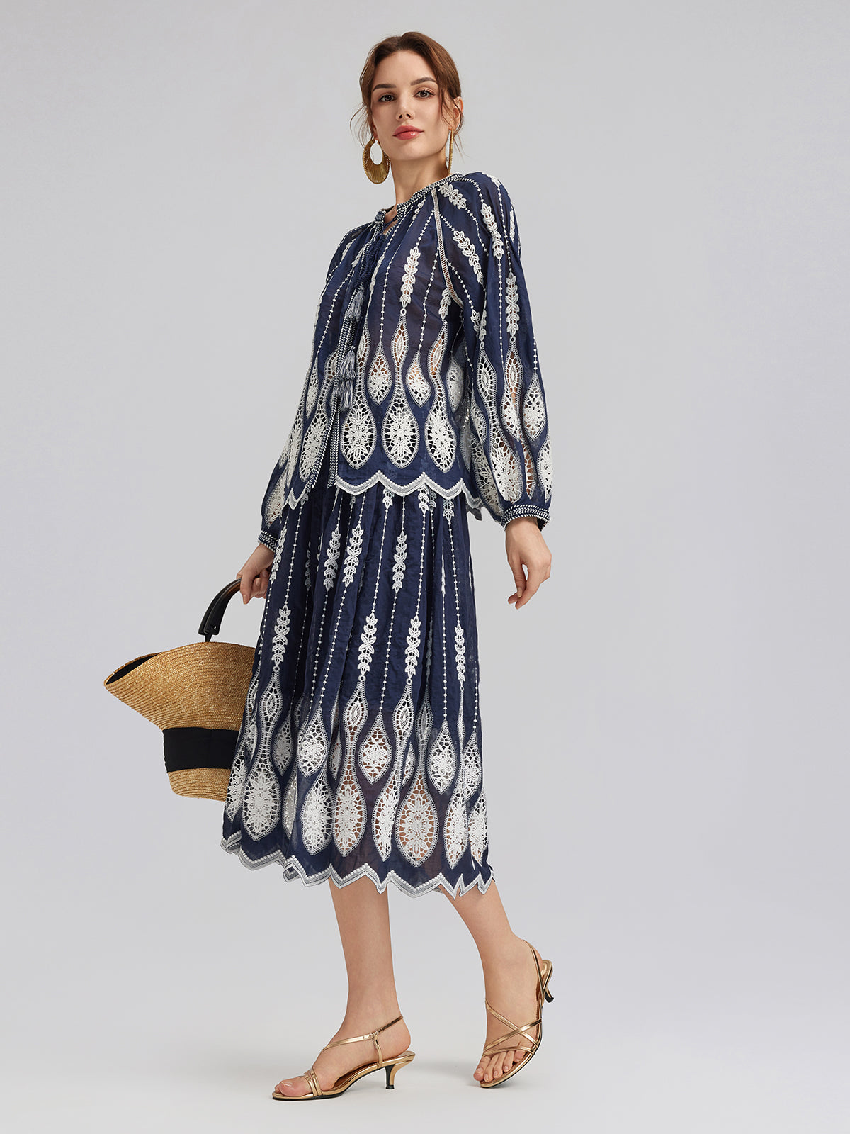 Intricate Wheat-Ear Embroidered Cutout Skirt