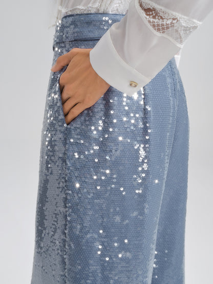 Sequin Belted Wide-Leg Pants